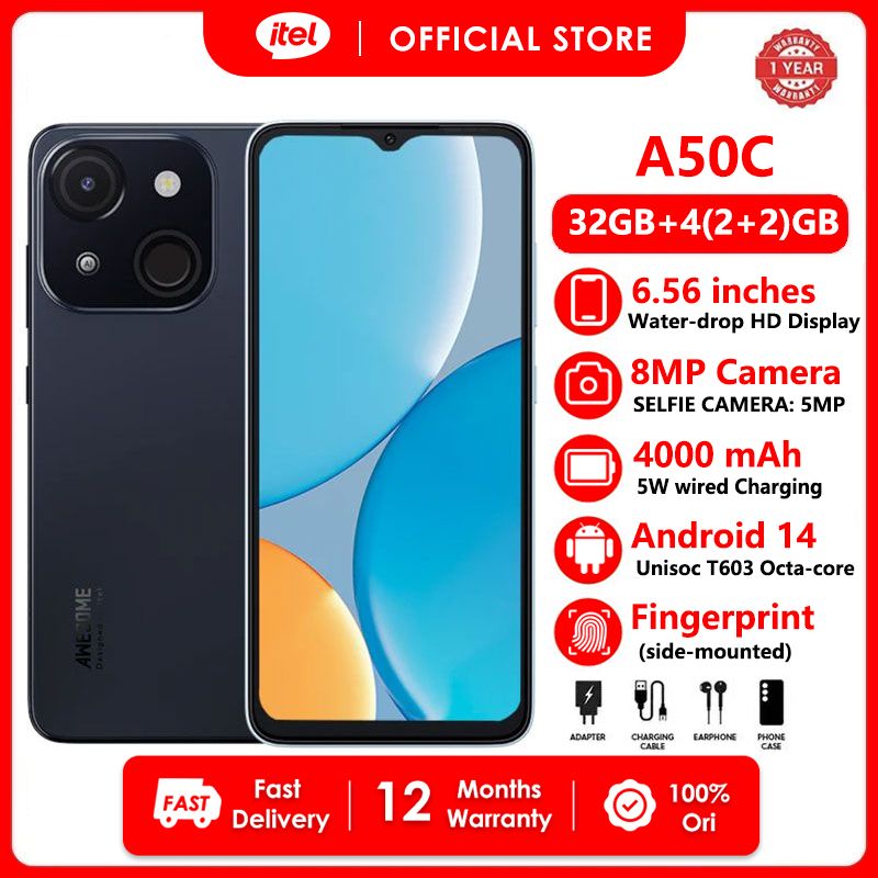 [CASHBACK FRIDAY] Itel A50C 4G Network 32GB+(2+2)4GB RAM 6.6" Screen Phone Dual SIM 8MP+5MP Camera  4000mAh Baterry Fingerprint And Face Unlock Smart Phones