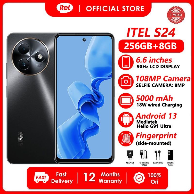 [New Launch + Free Smart Watch] Itel S24 256GB+16(8+8)GB RAM 6.6" HD+ 90HZ Display Dual SIM 4G Network 108MP Camera Fingerprint Unlock 18W 5000 mAh Battery Andriod 13 Smart Phones