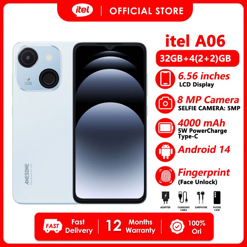 Itel A06 3G Network 32GB+(2+2)4GB RAM 6.6" Screen Phone Dual SIM 8MP+5MP Camera  4000mAh Baterry Fingerprint And Face Unlock Smart Phones
