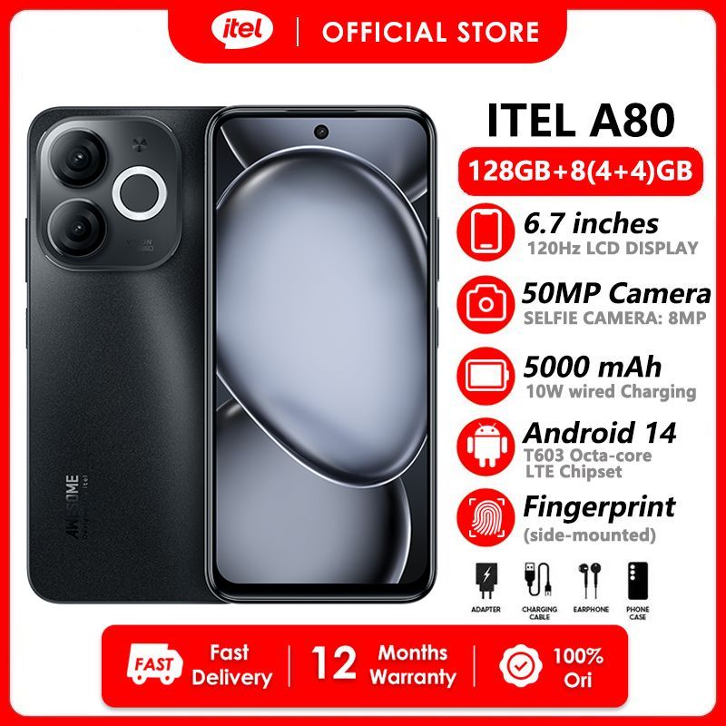 [New Year Promotion] Itel A80 128GB+8(4+4)GB RAM 6.7" 120Hz Screen 4G Network Dual SIM Phone 50MP Camera 5000mAh Battery Fingerprint and Face Unlock Android 14 Fashion Smart Phones