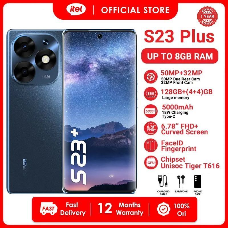 Itel S23 Plus 128GB + 8(4+4)GB RAM 6.78'' Curved Screen Brand New Dual SIM 4G Phone 50MP+32MP AI Camera 5000mAh 18W Charging Under Display Fingerprint NFC S23+ Smart Phones