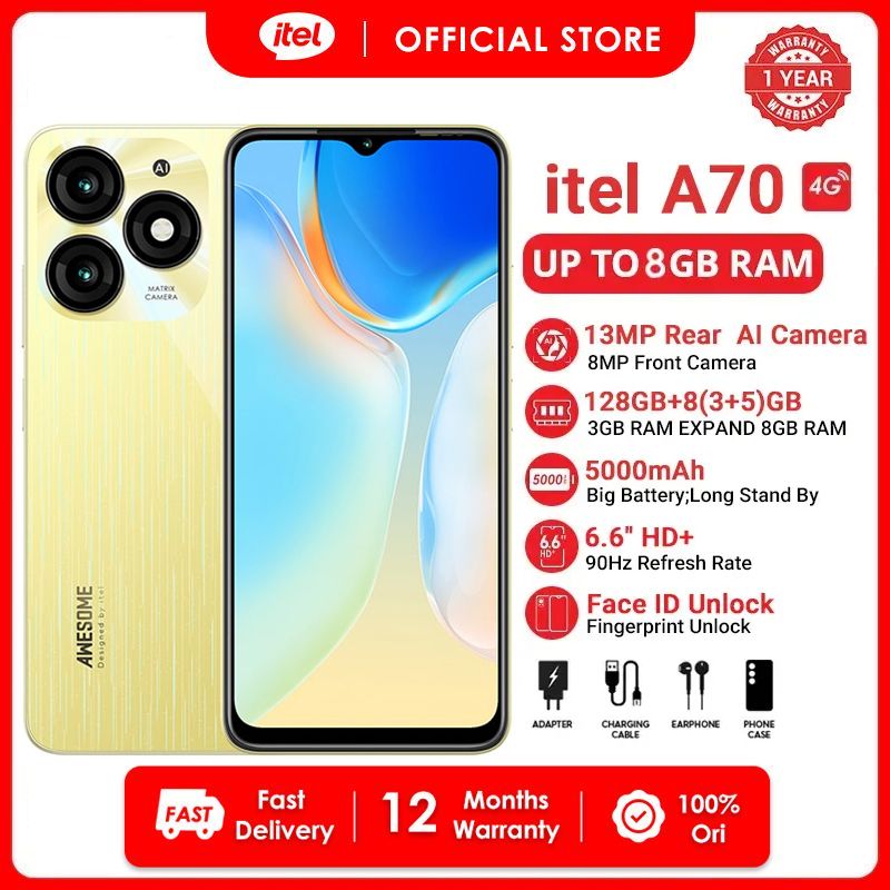 [New Year Promotion] Itel A70 128GB+8(3+5)GB RAM 6.6" Screen  4G Network Phone Dual SIM 13MP Camera 5000mAh Battery Fingerprint And Face Unlock Fashion Smart Phones