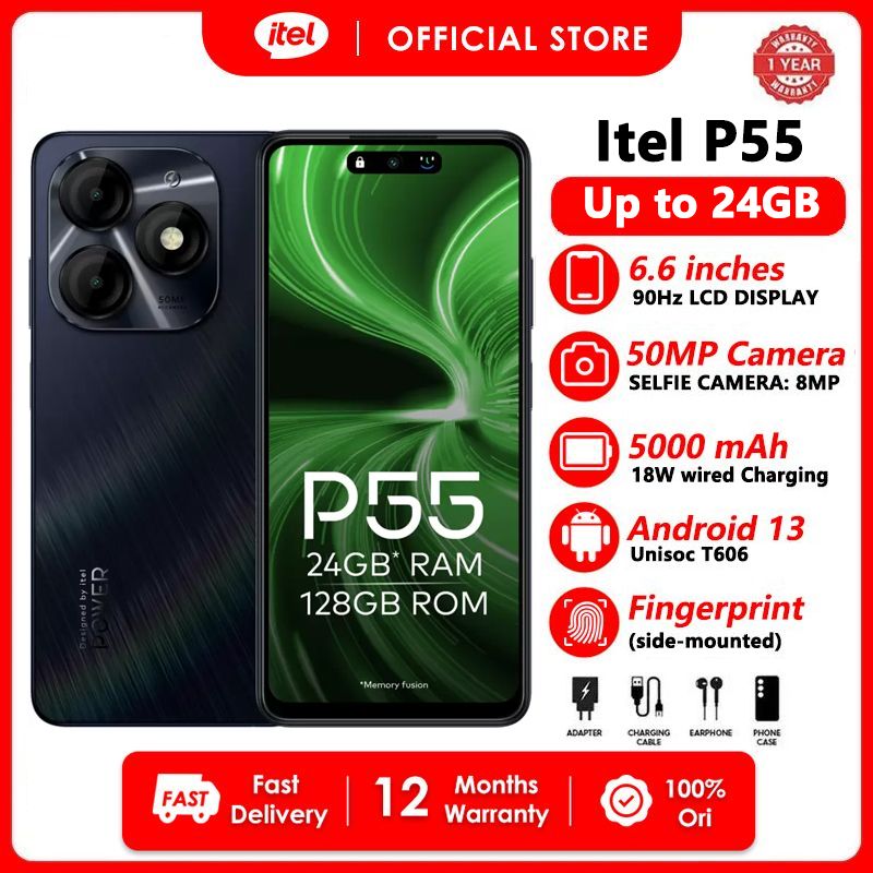 [CASHBACK FRIDAY] Itel P55 8GB RAM + 128GB 6.6"  Phone Dual SIM 4G LTE Network 50MP+8MP Camera 18W Fast Charging 5000mAh Baterry Fingerprint And Face Unlock  Smart Phones