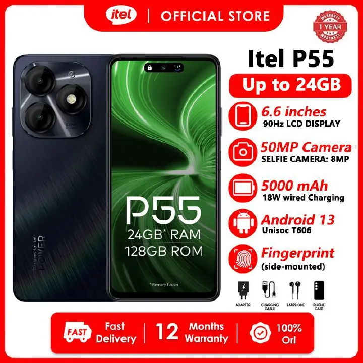Itel P55 8GB RAM + 128GB 6.6"  Phone Dual SIM 4G LTE Network 50MP+8MP Camera 18W Fast Charging 5000mAh Baterry Fingerprint And Face Unlock  Smart Phones