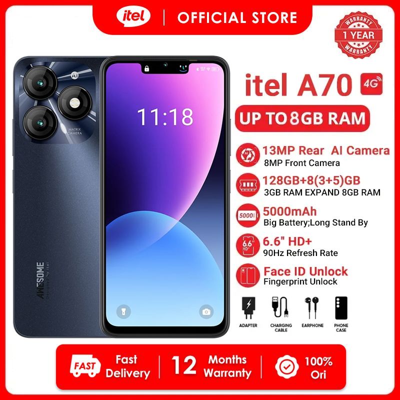 [CASHBACK FRIDAY] Itel A70 128GB+8(3+5)GB RAM 6.6" Screen  4G Network Phone Dual SIM 13MP Camera 5000mAh Battery Fingerprint And Face Unlock Fashion Smart Phones