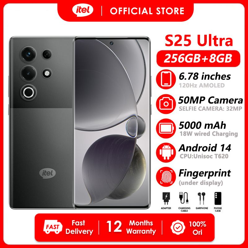 [CASHBACK FRIDAY]Itel S25 Ultra 256GB+16(8+8)GB RAM 6.78" Super Bright AMOLED Curved Display 120HZ Phone Dual SIM 4G Network 50MP Camera Fingerprint Unlock 18W 5000 mAh Battery Andriod 14 Smart Phones Bromo Black,8+256GB