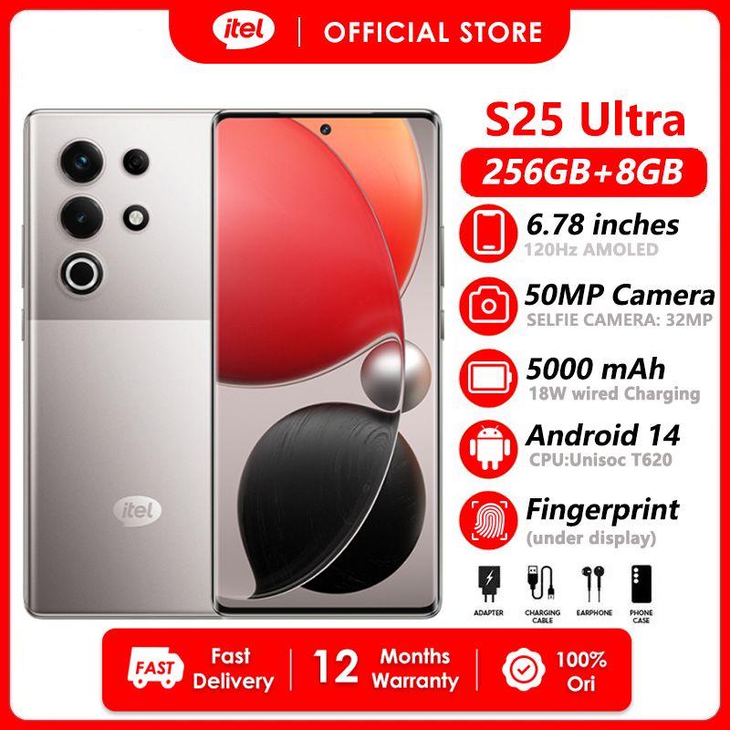 Itel S25 Ultra 256GB+16(8+8)GB RAM 6.78" Super Bright AMOLED Curved Display 120HZ Phone Dual SIM 4G Network 50MP Camera Fingerprint Unlock 18W 5000 mAh Battery Andriod 14 Smart Phones