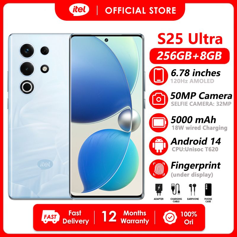 Itel S25 Ultra 256GB+16(8+8)GB RAM 6.78" Super Bright AMOLED Curved Display 120HZ Phone Dual SIM 4G Network 50MP Camera Fingerprint Unlock 18W 5000 mAh Battery Andriod 14 Smart Phones