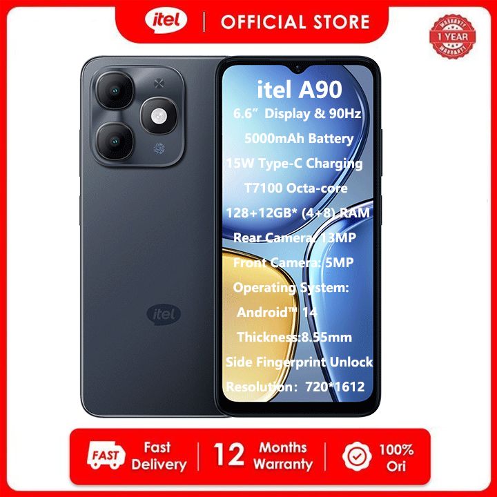 Itel A90 128GB+12(4+8)GB RAM 6.6“ 90HZ  Display Phone Dual SIM 4G Network 13MP Camera Fingerprint Unlock 15W 5000 mAh Battery Android 14 T7100 Octa-core Smart Phones