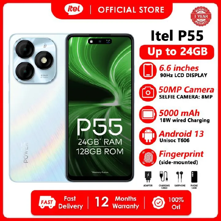 [Flash Sale Limited 400pcs] Itel P55 24(8+16)GB RAM + 128GB 6.6" 90Hz Display Phones Dual SIM 4G Network 50MP+8MP Camera 18W Fast Charging 5000mAh Battery Fingerprint And Face Unlock Smart Game Phones