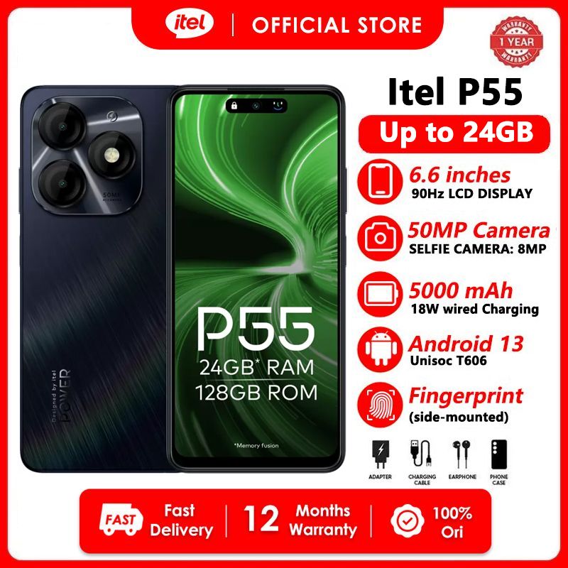 [Flash Sale Limited 400pcs] Itel P55 24(8+16)GB RAM + 128GB 6.6" 90Hz Display Phones Dual SIM 4G Network 50MP+8MP Camera 18W Fast Charging 5000mAh Battery Fingerprint And Face Unlock Smart Game Phones