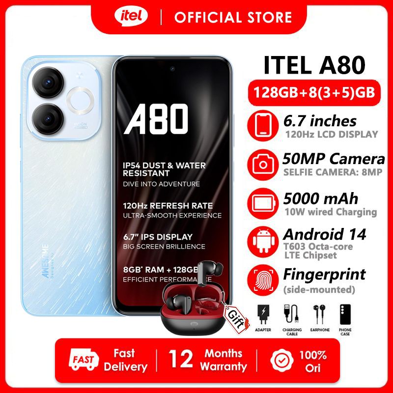 [Clearance Sale+BudsNeo 3] Itel A80 128GB ROM+8(3+5) RAM 6.7" 120Hz Screen 4G Network Dual SIM Phone 50MP Camera 5000mAh Battery 10W Charging Fingerprint  Unlock Android 14 Smart Phones