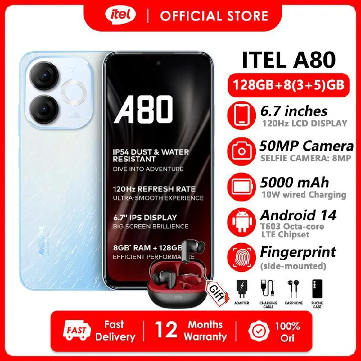 [Clearance Sale+BudsNeo 3] Itel A80 128GB ROM+8(3+5) RAM 6.7" 120Hz Screen 4G Network Dual SIM Phone 50MP Camera 5000mAh Battery 10W Charging Fingerprint  Unlock Android 14 Smart Phones