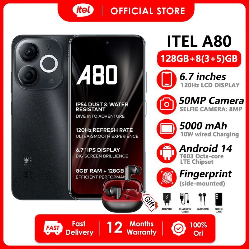 [Clearance Sale+BudsNeo 3] Itel A80 128GB ROM+8(3+5) RAM 6.7" 120Hz Screen 4G Network Dual SIM Phone 50MP Camera 5000mAh Battery 10W Charging Fingerprint  Unlock Android 14 Smart Phones