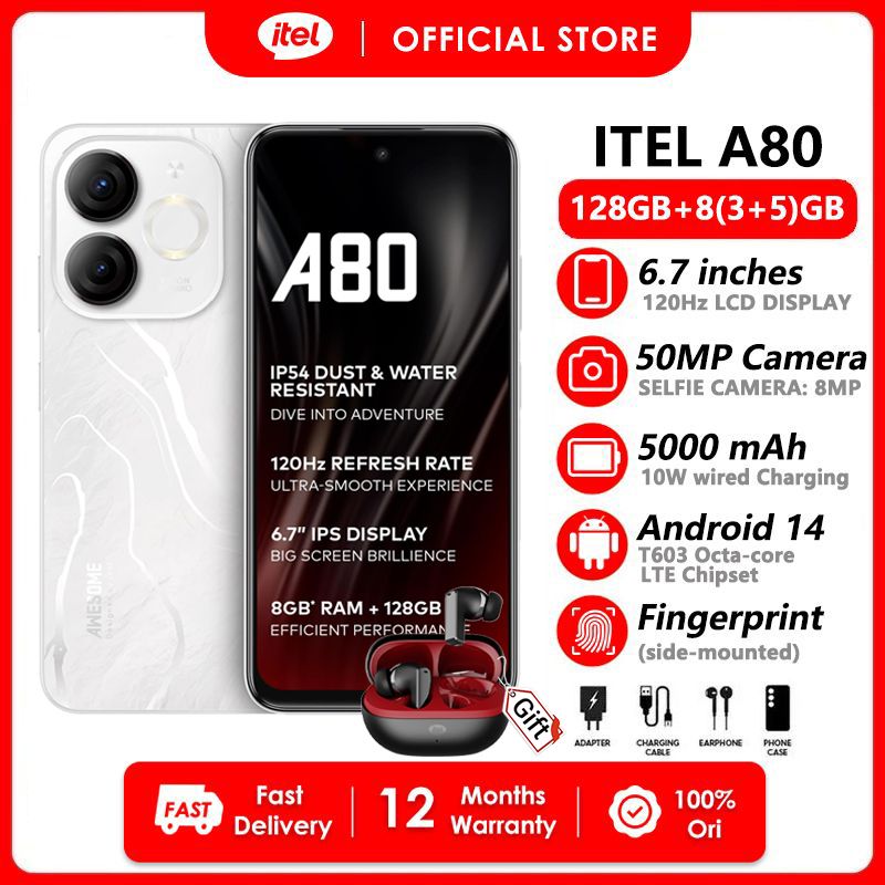 [Clearance Sale+BudsNeo 3] Itel A80 128GB ROM+8(3+5) RAM 6.7" 120Hz Screen 4G Network Dual SIM Phone 50MP Camera 5000mAh Battery 10W Charging Fingerprint  Unlock Android 14 Smart Phones