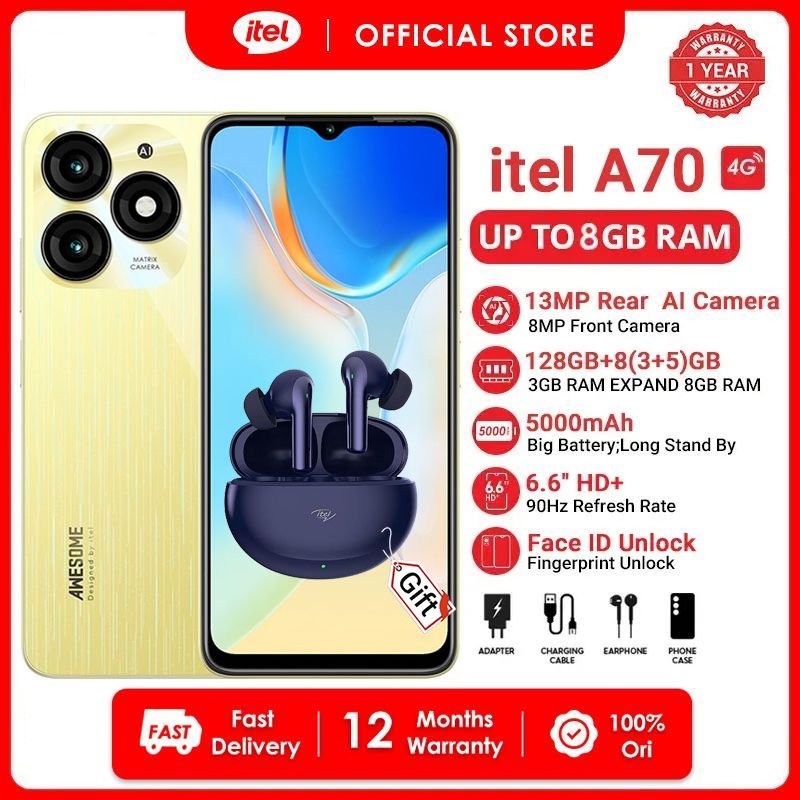 [Free Gift] Itel A70 128GB+8(3+5)GB RAM 6.6" Screen  4G Network Phone Dual SIM 13MP Camera 5000mAh Battery Fingerprint And Face Unlock Fashion Smart Phones+Free BudsPlay