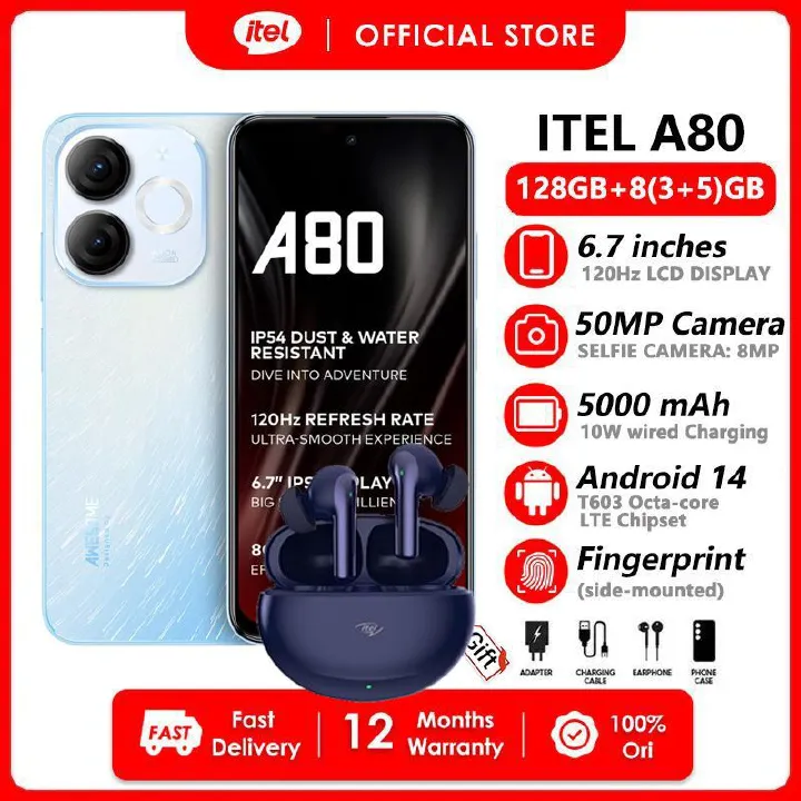 [Free Gift] Itel A80 128GB ROM+8(3+5) RAM 6.7" 120Hz Screen 4G Network Dual SIM Phone 50MP Camera 5000mAh Battery Type-C Charging Fingerprint  Unlock Android 14 Smart Phones+Free BudsPlay