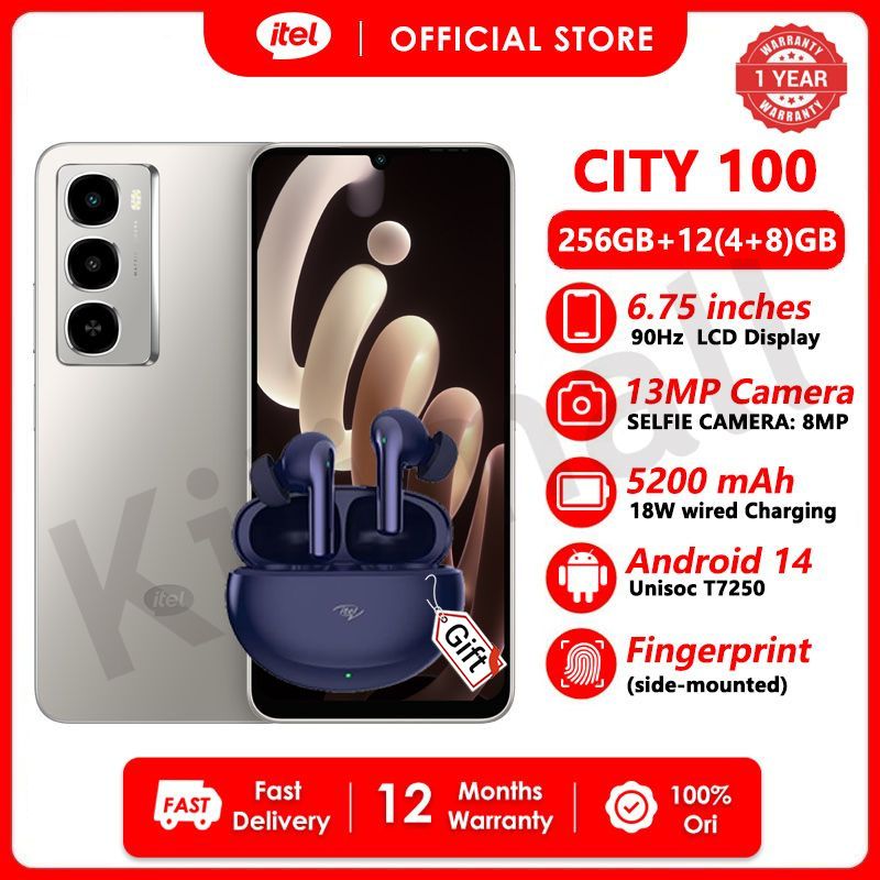 [Free Gift] Itel CITY 100 256GB ROM+12(4+8)GB RAM 6.75“ 90HZ  Display Phone Dual SIM 4G Network 13MP AI Camera Fingerprint Unlock 18W 5200 mAh Battery Android 14 IP64 Smart Phones+BudsPlay