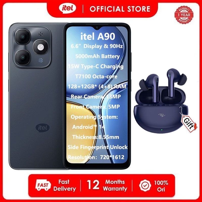 [Free Gift] Itel A90 128GB+12(4+8)GB RAM 6.6“ 90HZ  Display Phone Dual SIM 4G Network 13MP Camera Fingerprint Unlock 15W 5000 mAh Battery Android 14  Smart Phones+BudsPlay
