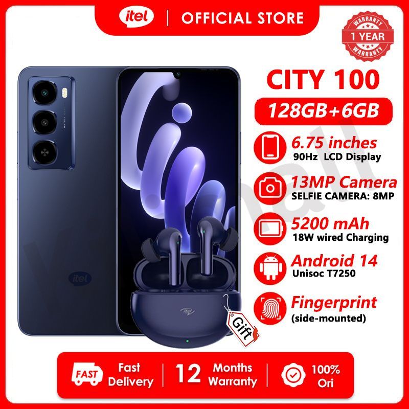 [Free Gift] Itel CITY 100 Up to 18GB RAM+128GB 6.75" 90Hz Display Phone Dual SIM 4G Network 13MP Camera 18W Charging 5200mAh Battery Android 14 IP64 Fingerprint Unlock AI Smart Phones +BudsPlay
