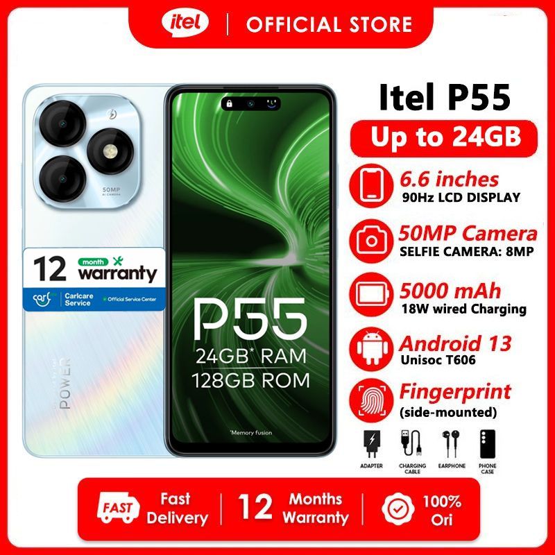 [Exclusive Sale] Itel P55 24(8+16)GB RAM + 128GB 6.6" 90Hz Display Game Phones Dual SIM 4G Network 50MP Camera 18W Fast Charging 5000mAh Battery Fingerprint And Face Unlock Smart Phones