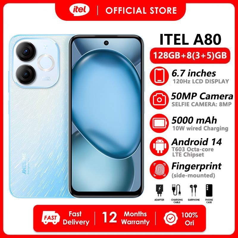 [Fans Festival Sale] Itel A80 128GB ROM+8(3+5) RAM 6.7" 120Hz Screen 4G Network Dual SIM Phone 50MP Camera 5000mAh Battery Type-C Charging Fingerprint  Unlock Android 14 Smart Phones+Free BudsPlay