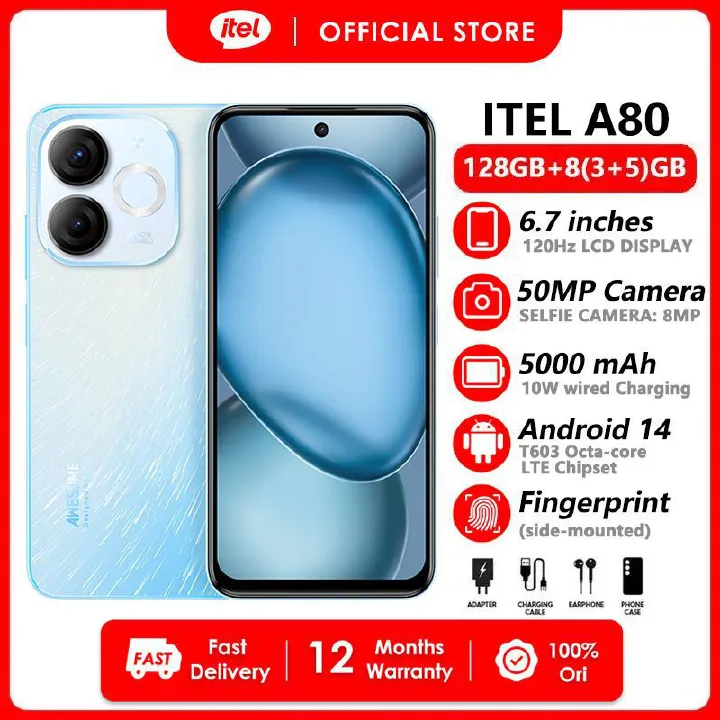 [Fans Festival Sale] Itel A80 128GB ROM+8(3+5) RAM 6.7" 120Hz Screen 4G Network Dual SIM Phone 50MP Camera 5000mAh Battery Type-C Charging Fingerprint  Unlock Android 14 Smart Phones+Free BudsPlay