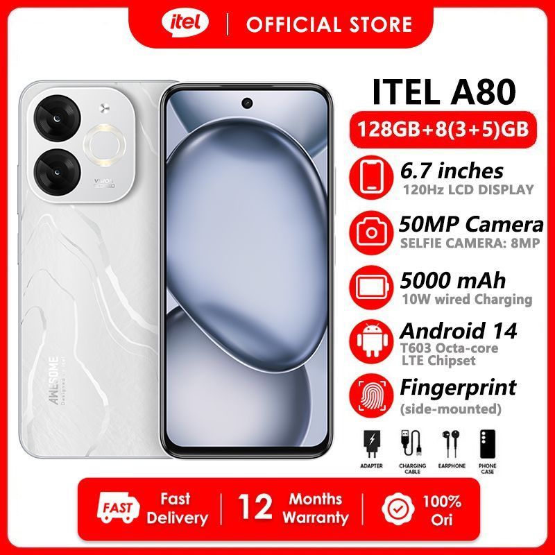 [Fans Festival Sale] Itel A80 128GB ROM+8(3+5) RAM 6.7" 120Hz Screen 4G Network Dual SIM Phone 50MP Camera 5000mAh Battery Type-C Charging Fingerprint  Unlock Android 14 Smart Phones+Free BudsPlay