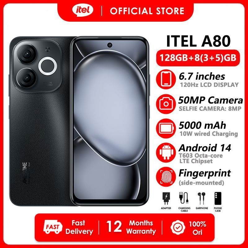 [Fans Festival Sale] Itel A80 128GB ROM+8(3+5) RAM 6.7" 120Hz Screen 4G Network Dual SIM Phone 50MP Camera 5000mAh Battery Type-C Charging Fingerprint  Unlock Android 14 Smart Phones+Free BudsPlay