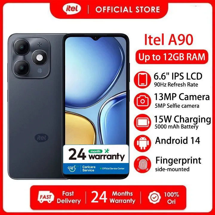 [Fans Festival Sale] Itel A90 12GB RAM + 128GB 6.6“ 90HZ  Display Phone Dual SIM 4G Network 13MP Camera Fingerprint Unlock 15W 5000 mAh Battery Android 14  Two-year Warranty Smart Phones