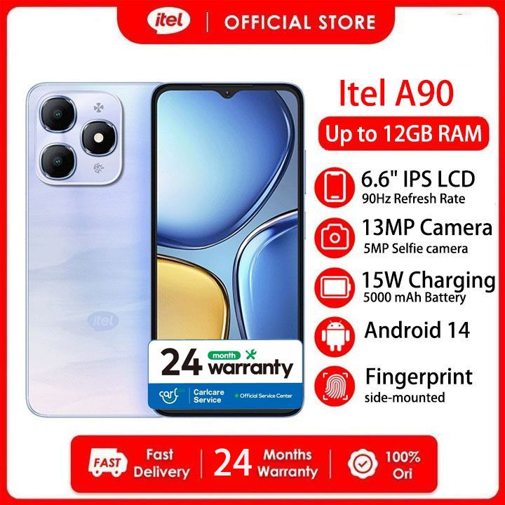 [Fans Festival Sale] Itel A90 12GB RAM + 128GB 6.6“ 90HZ  Display Phone Dual SIM 4G Network 13MP Camera Fingerprint Unlock 15W 5000 mAh Battery Android 14  Two-year Warranty Smart Phones