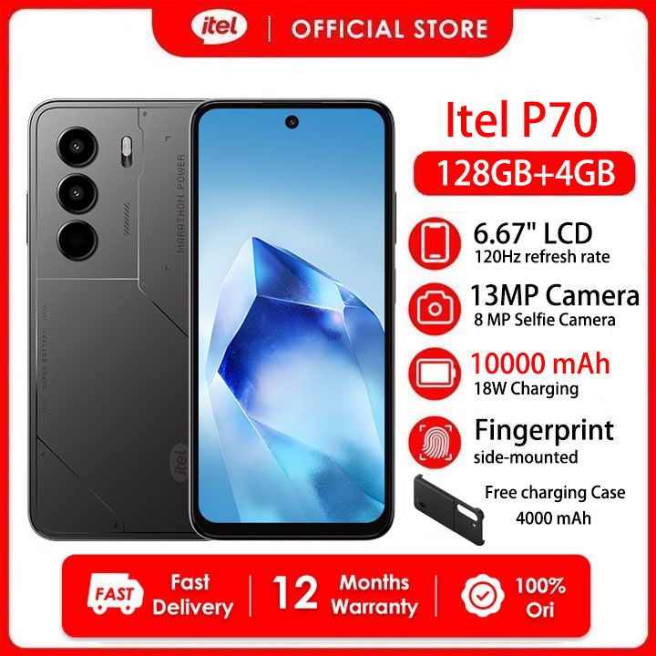 [Free Charging Case] Itel P70 8(4+4)GB RAM+128GB 6.67" 120Hz Display Slim 4G Phone Dual SIM 13MP Camera 18W Charging 10000*mAh Battery Fingerprint Unlock IP54 Power 70 Smart AI Phones