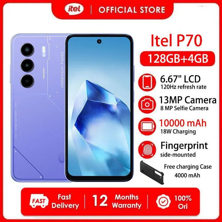 [Free Charging Case] Itel P70 8(4+4)GB RAM+128GB 6.67" 120Hz Display Slim 4G Phone Dual SIM 13MP Camera 18W Charging 10000*mAh Battery Fingerprint Unlock IP54 Power 70 Smart AI Phones