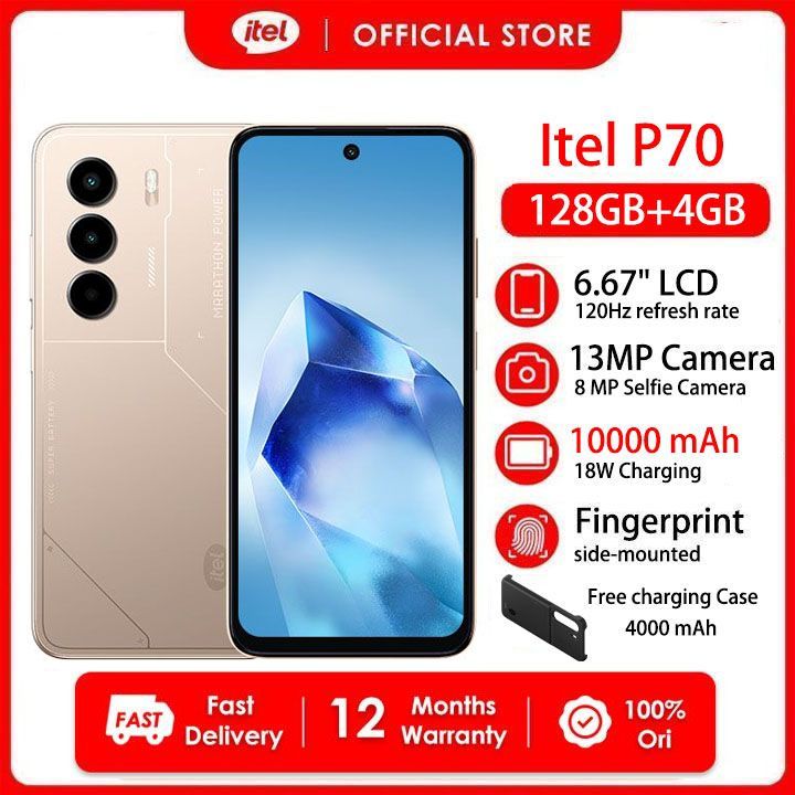 [Free Charging Case] Itel P70 8(4+4)GB RAM+128GB 6.67" 120Hz Display Slim 4G Phone Dual SIM 13MP Camera 18W Charging 10000*mAh Battery Fingerprint Unlock IP54 Power 70 Smart AI Phones