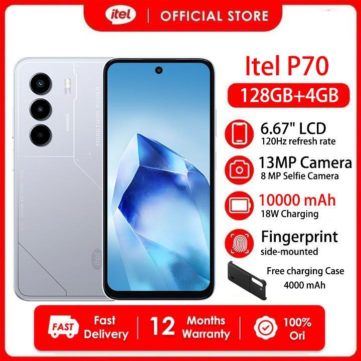 [Free Charging Case] Itel P70 8(4+4)GB RAM+128GB 6.67" 120Hz Display Slim 4G Phone Dual SIM 13MP Camera 18W Charging 10000*mAh Battery Fingerprint Unlock IP54 Power 70 Smart AI Phones