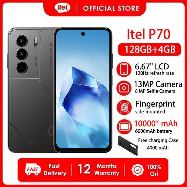 [New Arrivals] Itel Power 70 8*GB RAM+128GB 6.67" 120Hz Display Slim 4G Phone Dual SIM 13MP 18W Charging 10000*mAh (6000mAh Battery+Free 4000mAh Charging case) Fingerprint IP54 P70 Smart AI Phones