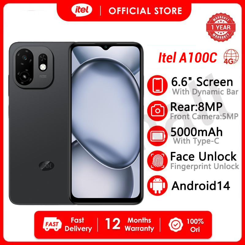 [Black Friday Offer] Itel A100c 64GB+(2+4)6GB RAM 6.6" Screen Phone Dual SIM 8MP+5MP Camera  5000mAh Baterry Fingerprint And Face Unlock Smart Phones