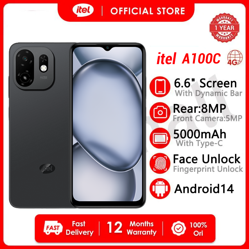 [Black Friday Offer] itel A100c 64GB+(2+4)6GB RAM 6.6" Screen Phone Dual SIM 8MP+5MP Camera  5000mAh Baterry Fingerprint And Face Unlock Smart Phones