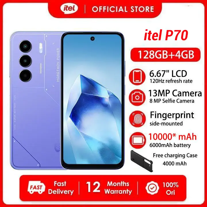 [Black Friday Offer] itel Power 70 8*GB RAM+128GB 6.67" 120Hz Display Slim 4G Phone Dual SIM 13MP 18W Charging 10000*mAh (6000mAh Battery+Free 4000mAh Charging case) Fingerprint IP54 Smart AI Phones