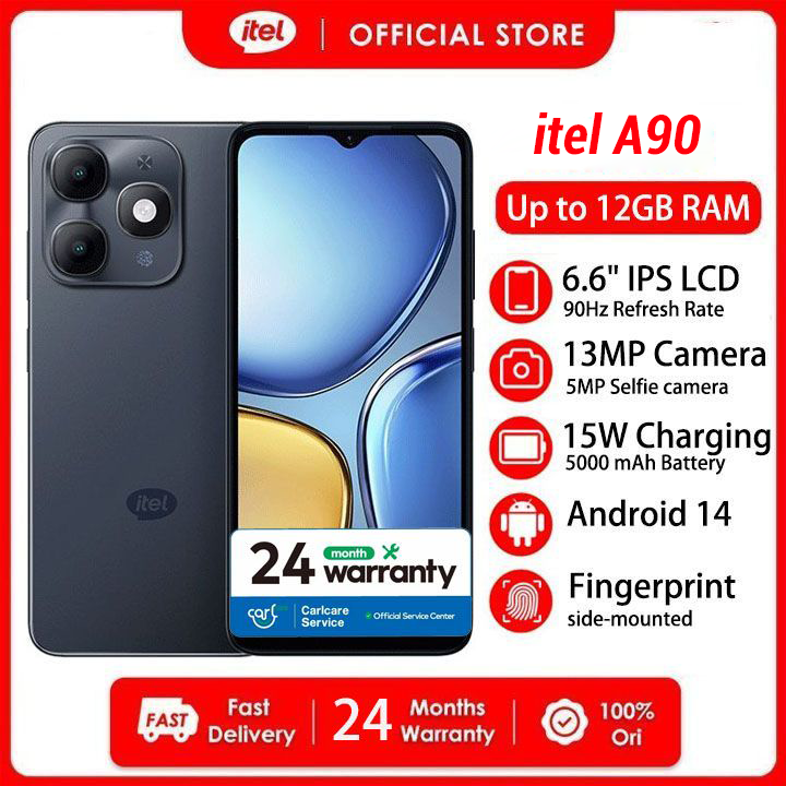 [24-Month Warranty] itel A90 12*GB RAM + 128GB 6.6“ 90HZ Display Phone Dual SIM 4G Network 13MP Camera Fingerprint Unlock 15W 5000 mAh Battery IP54 Android 14 Smart AI Phones
