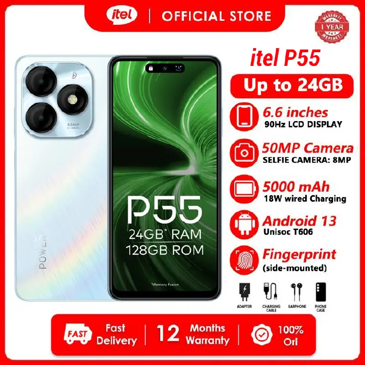 [Black Friday Offer]itel P55 24(8+16)GB RAM + 128GB 6.6" 90Hz Display Game Phones Dual SIM 4G Network 50MP Camera 18W Fast Charging 5000mAh Battery Fingerprint And Face Unlock Smart Phones