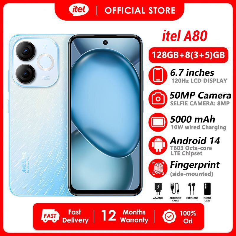 [Black Friday Offer] itel A80 128GB ROM+8(3+5) RAM 6.7" 120Hz Screen 4G Network Dual SIM Phone 50MP Camera 5000mAh Battery Type-C Charging Fingerprint  Unlock Android 14 Smart Phones