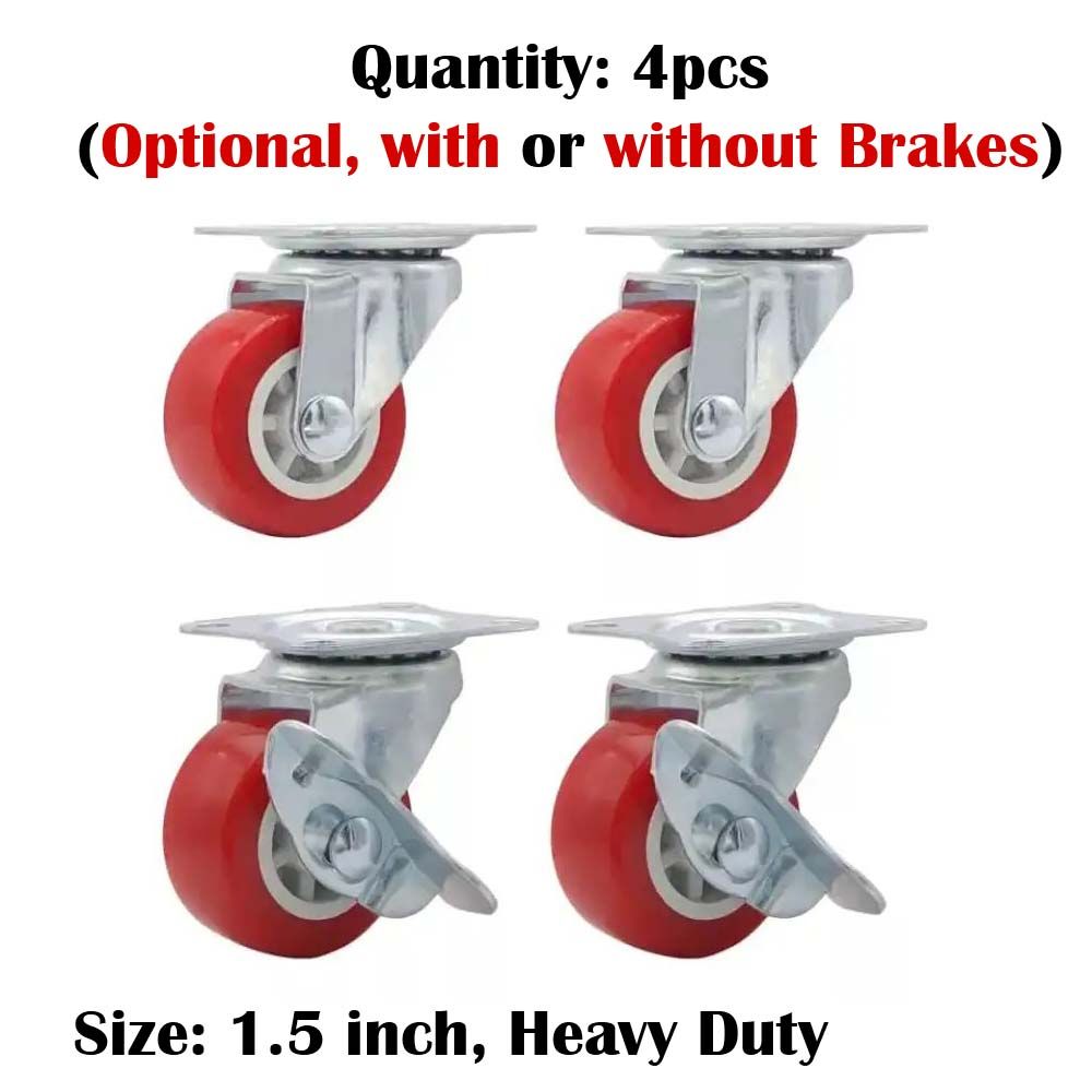 4pcs PVC Industrial Castor Wheels 1.5" Plate Type Wear-resistant Mute Universal Heavy Duty Trolley Wheel, Red PVC Furniture Casters, 360 Degree Swivel Rotation