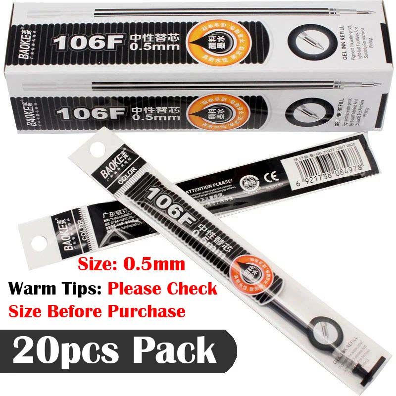 20pcs Black 0.5MM Nib Gel Ink Refills Ballpoint Replacement for Replaceable Refillable Pen Office 106F School Supplies Stationery Refill