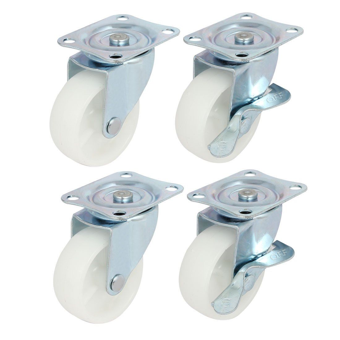 4pcs 1.5-inch Dia PP Single Wheel Swivel Plate Ball Bearing Trolley Casters Nylon Top Plate Mounted Caster Wheels White Capacity Furniture (2 Pcs w Brake, 2 Pcs no Brake)