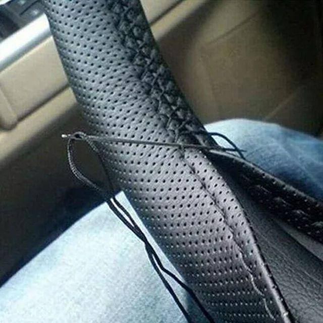 Full Black Faux Leather DIY Car Steering Wheel Repair Cover + Stitch + Needle Breathable Anti-slip Sleeve Protector