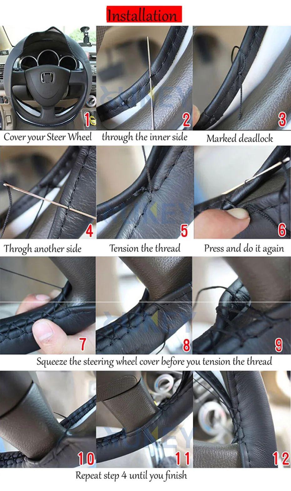 Full Black Faux Leather DIY Car Steering Wheel Repair Cover + Stitch + Needle Breathable Anti-slip Sleeve Protector