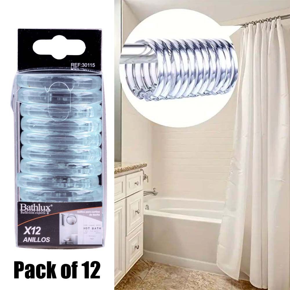 12pcs Bathlux Shower Round Curtain Hooks, Transparent Plastic Curtain Ring, Round O-ring, Bathroom