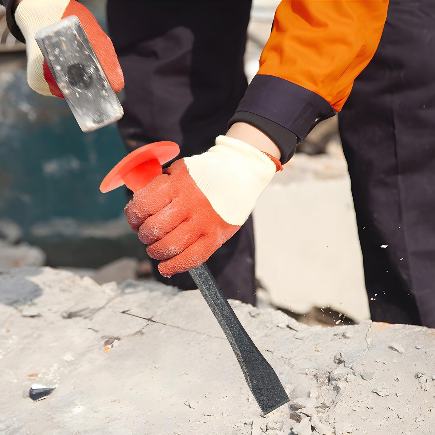 Heavy-Duty Mason Chisel with Thick Protective Handles + PVC Coated Gloves Hand Guard Carbon Steel Tile and Concrete Chisels, Ideal for Brickwork, Demolition, Stonework, Carving, Breaking Mortar Stone