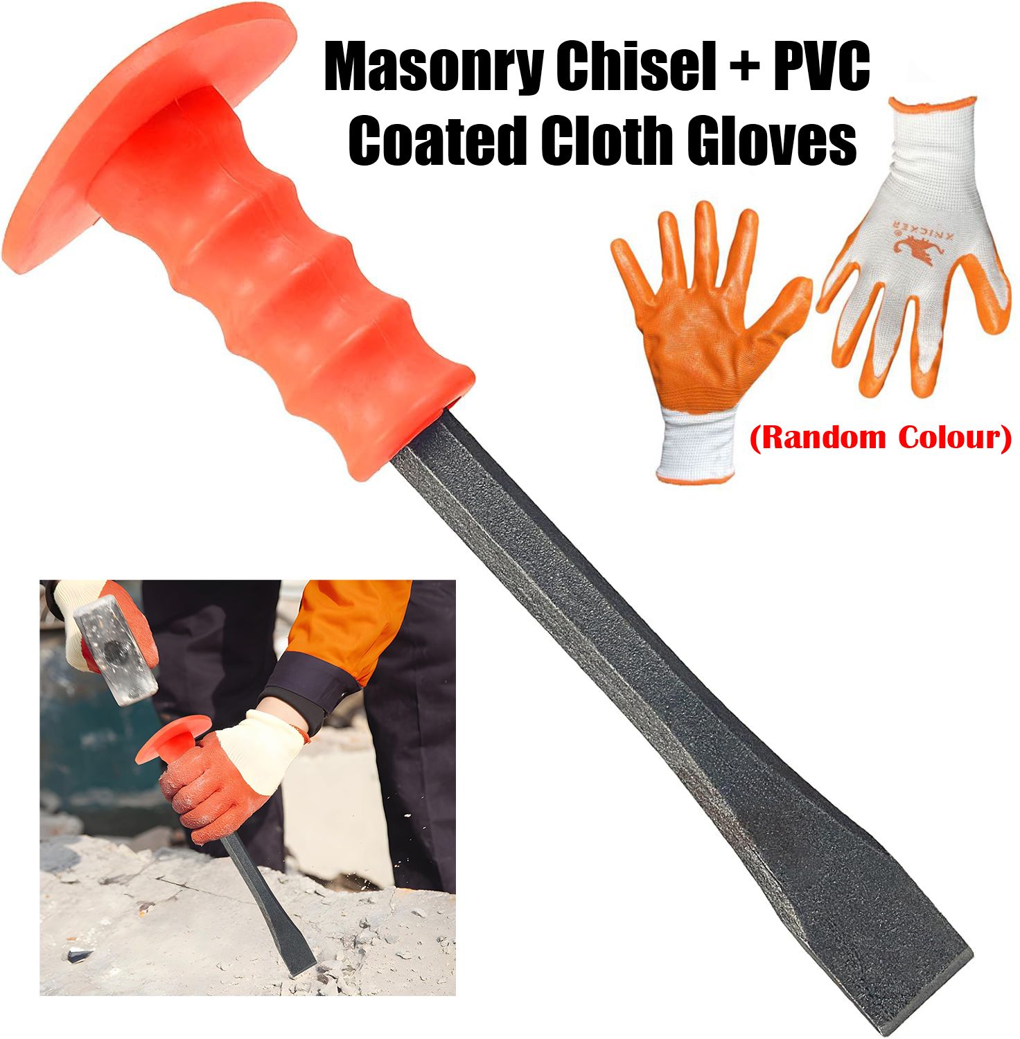 Heavy-Duty Mason Chisel with Thick Protective Handles + PVC Coated Gloves Hand Guard Carbon Steel Tile and Concrete Chisels, Ideal for Brickwork, Demolition, Stonework, Carving, Breaking Mortar Stone